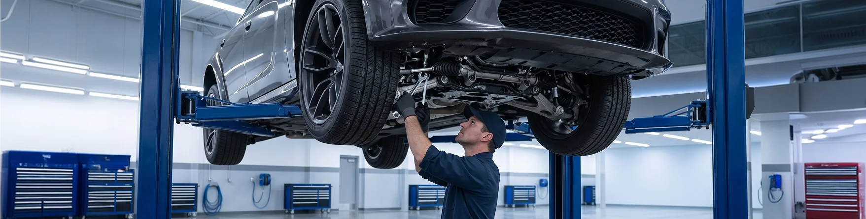 A silver Dodge Charger raised on a blue two-post lift while a Briggs Dodge Ram Fiat technician reaches up with a wrench to work on the front suspension and steering rack, blue tool cabinets lining the shop walls behind him