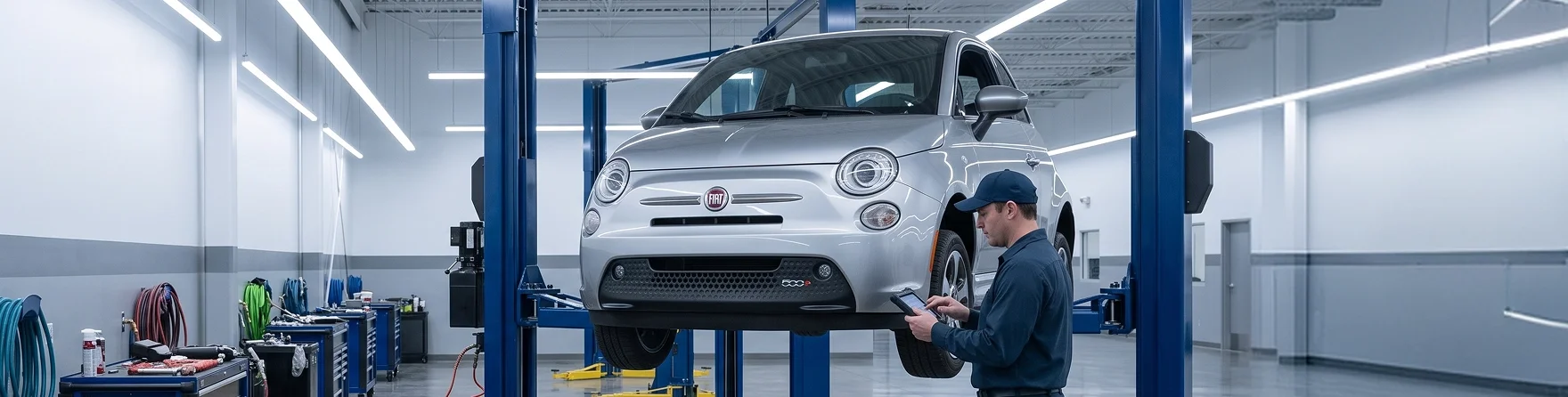 A silver Fiat 500 raised on a blue two-post lift in the Briggs Dodge Ram Fiat shop while a technician in a navy uniform and cap reviews a diagnostic tablet beside the front wheel