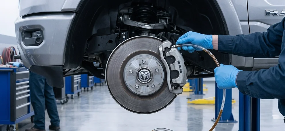 Gloved Briggs Dodge Ram Fiat technicians bleeding the front brake caliper of a silver Ram 1500 raised on a lift, clear tubing carrying old fluid away from the exposed rotor