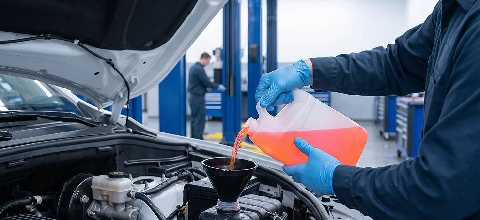 A gloved technician pouring orange coolant through a funnel into the reservoir of a white vehicle with its hood raised, a second technician working at a lift in the background