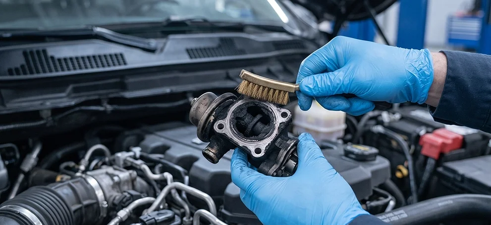 A gloved Briggs Dodge Ram Fiat technician scrubbing carbon deposits from a removed EGR valve with a brass brush over an open engine bay