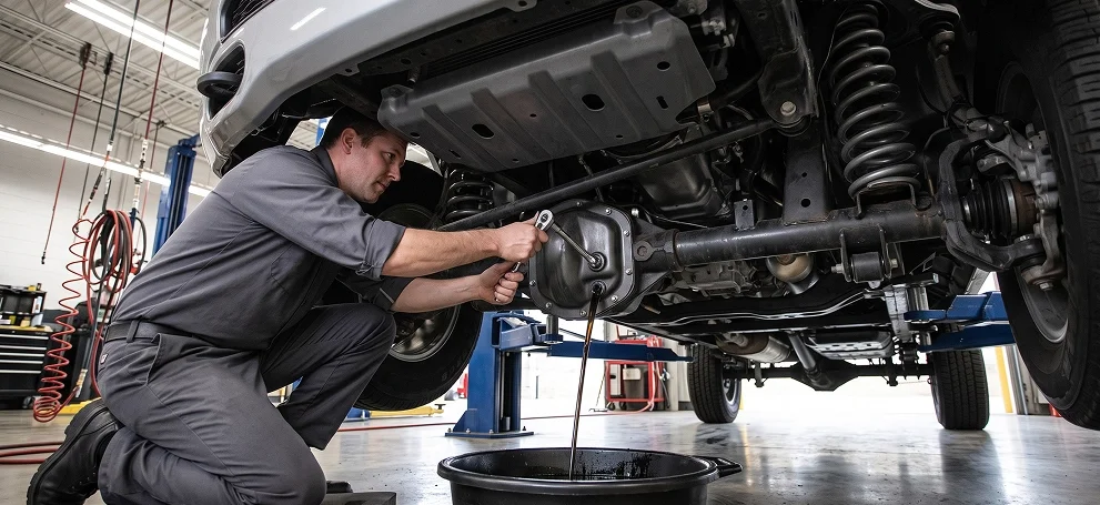 A Briggs Dodge Ram Fiat technician kneeling beneath a raised white truck to drain the front differential into a black catch pan, a ratchet on the cover plug