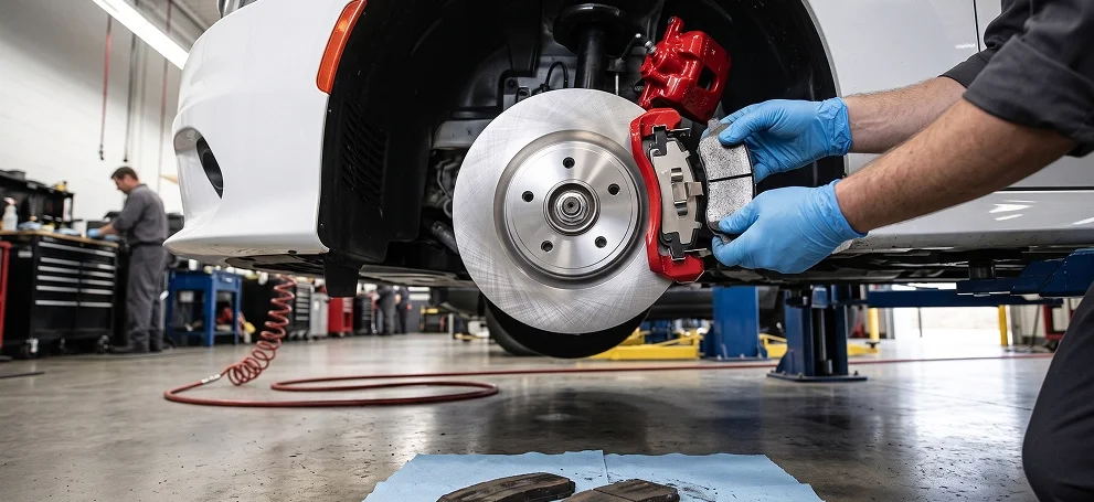 A gloved technician fitting a new front brake pad into the red caliper of a white vehicle on a lift, the worn pads laid out on a blue shop towel on the floor below