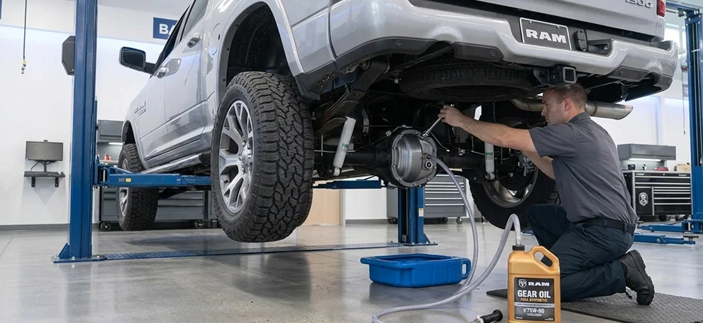 A Briggs Dodge Ram Fiat technician kneeling beside a silver Ram 1500 on a lift to refill the rear differential with Mopar 75W-90 gear oil from a pump hose