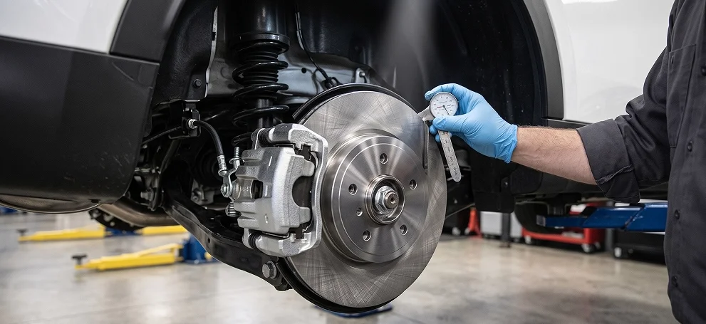 A gloved technician measuring the rear brake rotor of a white vehicle with a dial indicator, the caliper and pads visible behind the disc