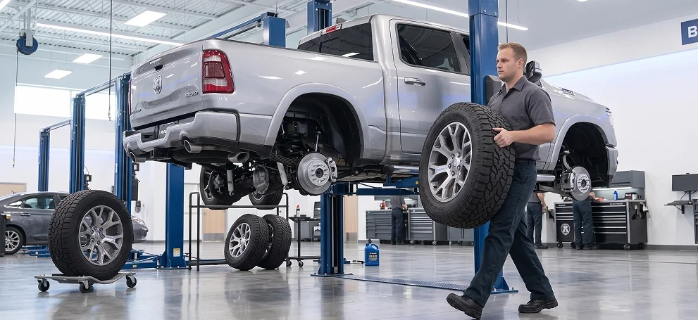 A Briggs Dodge Ram Fiat technician carrying a wheel across the shop toward a silver Ram 1500 raised on a lift with all four wheels removed and tires staged on dollies
