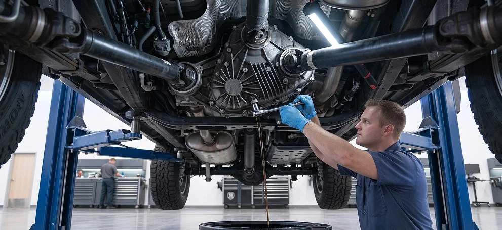A technician working beneath a raised four-wheel-drive truck with a shop light, draining the transfer case into a pan between the front and rear driveshafts