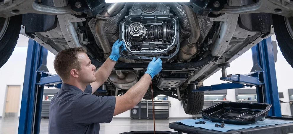 A Briggs Dodge Ram Fiat technician lowering the transmission pan from beneath a raised vehicle, exposing the gearset and valve body with a drain pan on the cart below