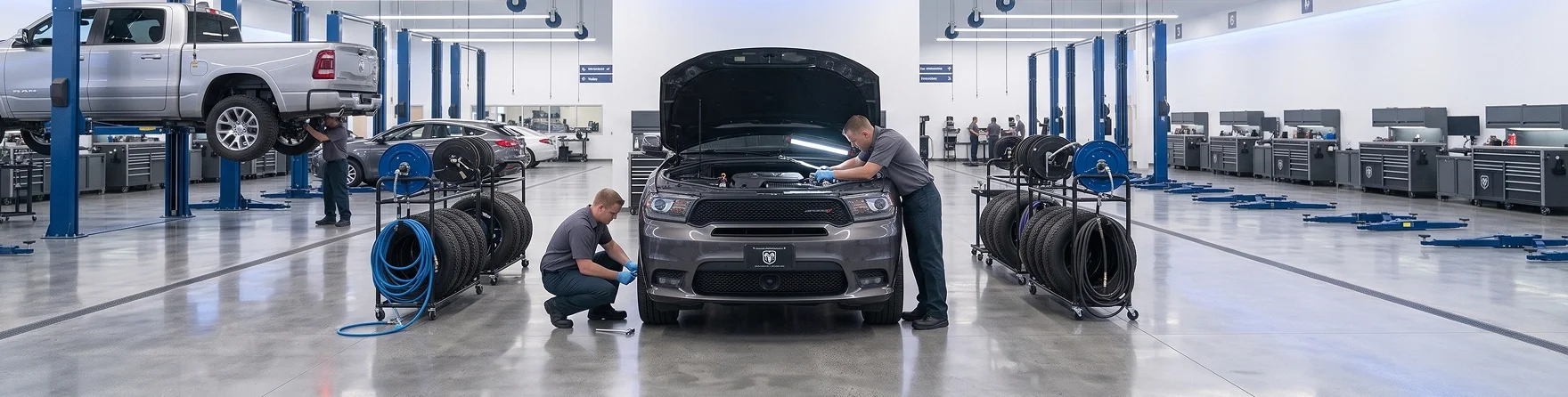 The Briggs Dodge Ram Fiat service floor with a silver Ram on a lift, technicians working on a gray Dodge Durango with its hood open, and tire racks and hose reels staged between the bays