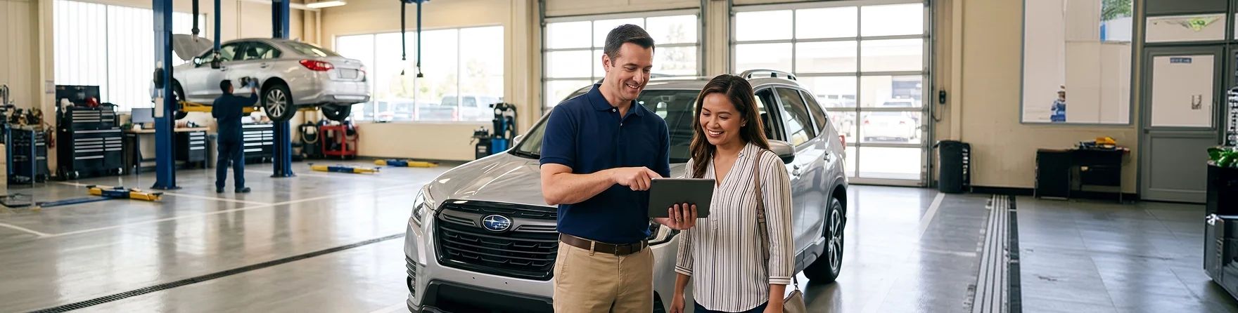 A service advisor reviewing a tablet with a smiling customer in the Briggs Dodge Ram Fiat service drive, a vehicle raised on a lift in the bay behind them